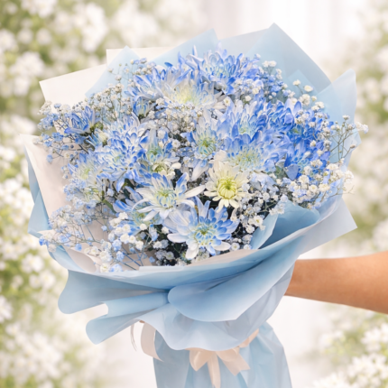 باقة الهدوء الأزرق - ورد كريز وجبسوفيليا