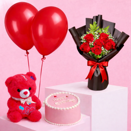 باقة عيد ميلاد متكاملة مع ورد الجوري الاحمر