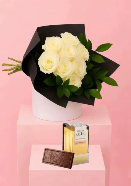 باقة ورد ابيض أناقة نقية مع 8 ورود بيضاء مع شوكلاتة فيريرو او أنوش او البستاني