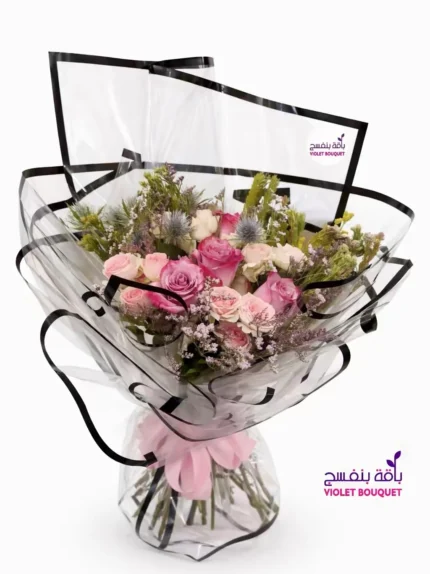 باقة ورود وردية – بوكيه ورد ناعم وملون للهدايا المبهجة مع شوكلاتة فيريرو او أنوش او باتشي او البستاني الفاخرة