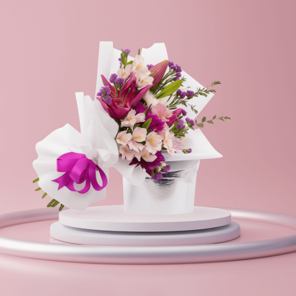 باقة تناغم ساحر – زنابق أرجوانية وورود وردية