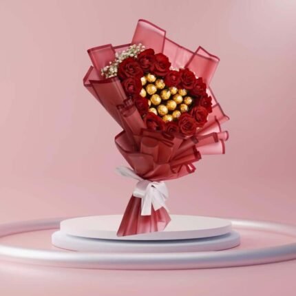قلب أحمر مع مفاجأة ذهبية – باقة ورد أحمر فاخرة مع شوكولاتة